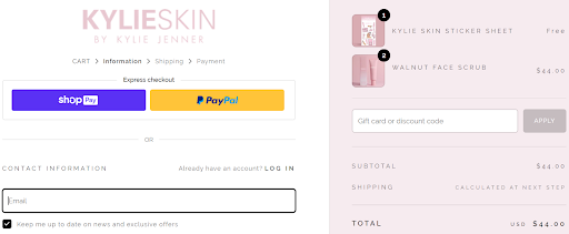 Checkout page for KylieSkin Cosmetics