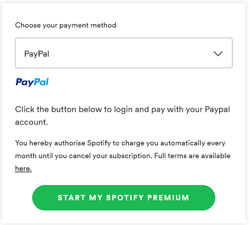 Spotify checkout page