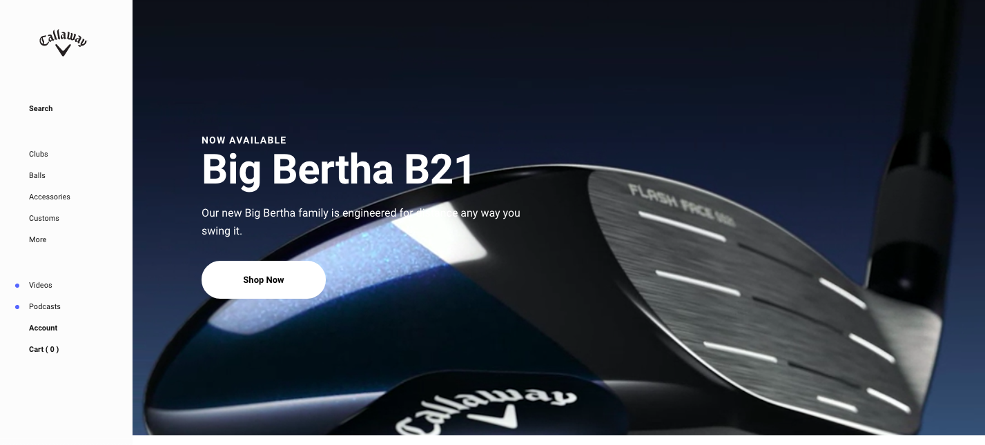 Callaway website layout info above the fold